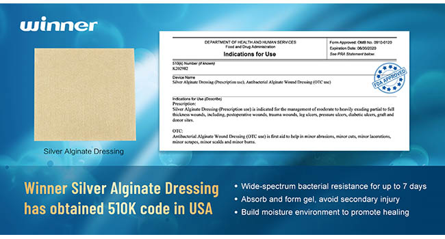 Winner Silver Alginate Dressing has Obtained 510K Code in the USA